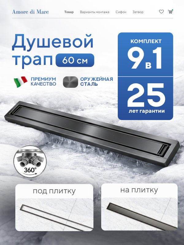 Душевой трап Amore di Mare Verso Gun Metal SD-60GM 	600мм*70мм  оружейная сталь